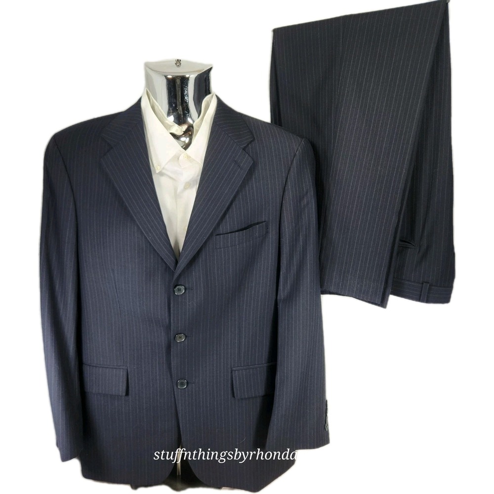 Ralph Ralph Lauren Men's Suit 41R Navy Blue Pin Stripe Wool Suit Pants 35"x30"